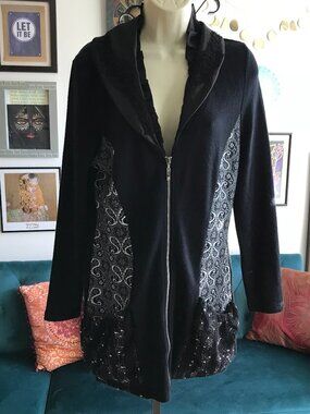 FANTAZIA size S Black Wearable Art Paisley Lace & Satin Accent Zip Front Sweater